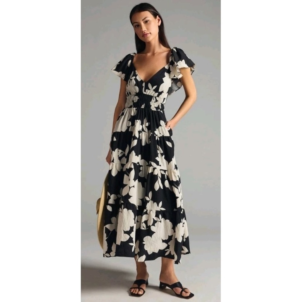 Anthropologie Black and Cream Floral Asymmetrical Maxi Dress